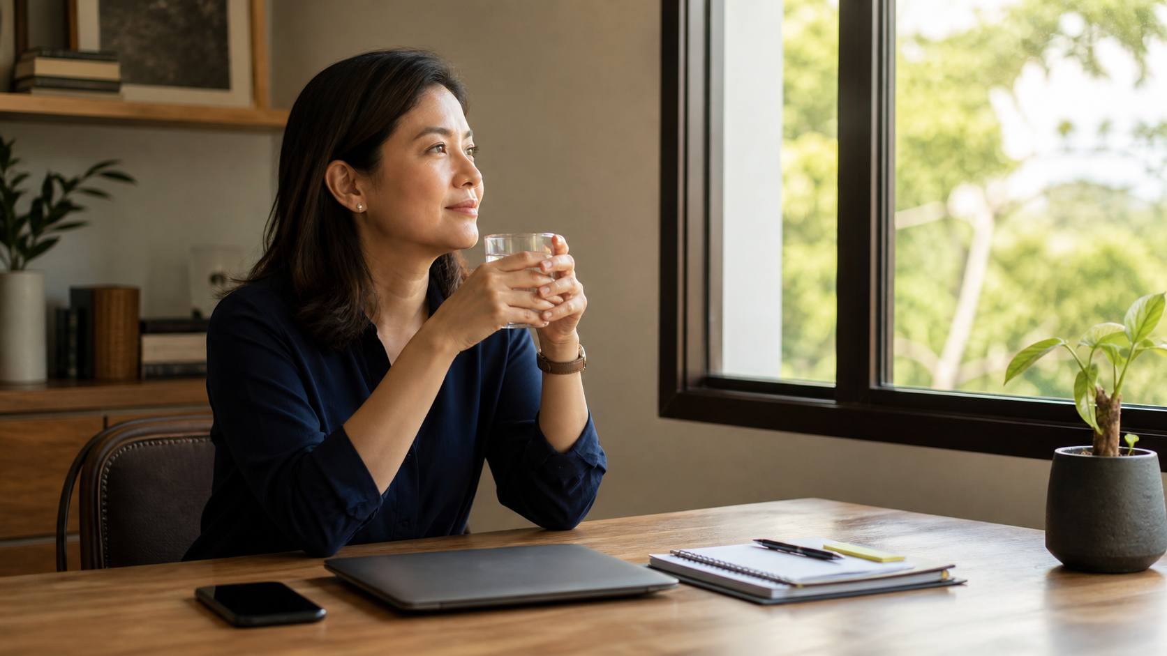 Filipino professional taking a restorative pause during a busy workday